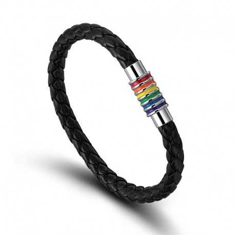 Bracelet homme cuir et fermoir acier magnétique gay pride rainbow
