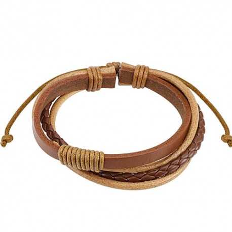 Men's adjustable brown leather bracelet with triple braids 19 to 25cm
