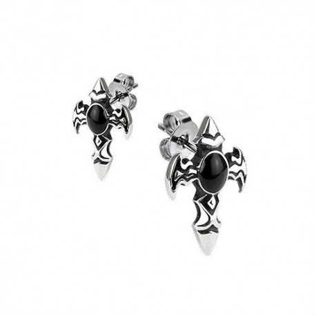 Pair of men's steel earrings with tribal cross adorned onyx gothic