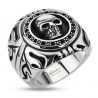 Anillo de sello redondo para hombre de acero con calavera motera y relieve tribal