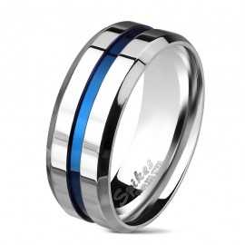 Men's two-tone polished steel ring groove central band blue