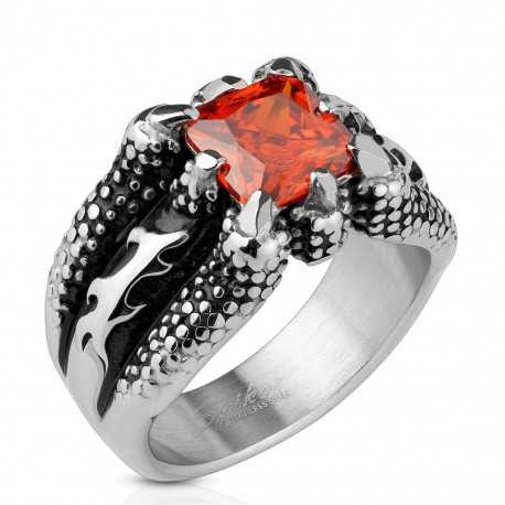Men's steel signet ring with red stone dragon claws biker