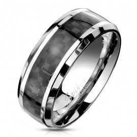 Men's stainless steel ring and black carbon fiber central band