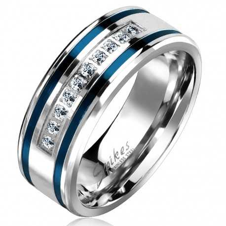 Bague anneau de fiançailles engagement homme acier serti lignes bleues