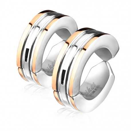 Pair of fake two-tone earrings for men and women in non-pierced steel