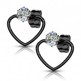 Pair of women's heart-shaped steel and zircon stone earrings