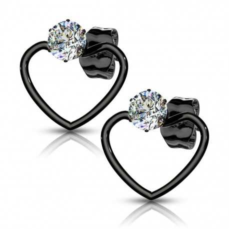 Pair of women's heart-shaped steel and zircon stone earrings