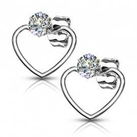 Pair of women's heart-shaped steel and zircon stone earrings