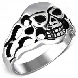 Bague pour homme en acier tête de mort sourire carnassier biker