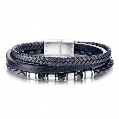 Pulsera para hombre de cuero azul trenzado triple y elegante cierre de acero.