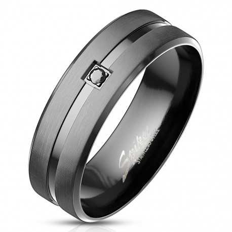 Men's engagement ring black steel central groove set