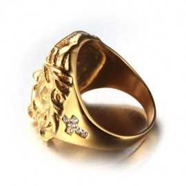 Anillo de sello para hombre chapado en oro con cabeza de Jesucristo y cruz engastada