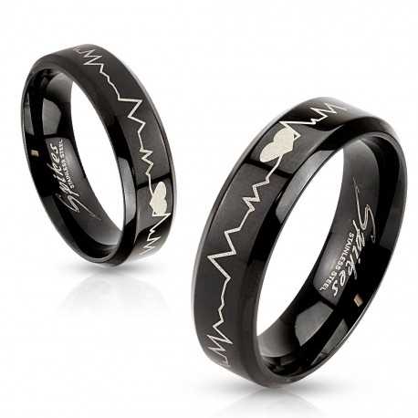 Valentine's Day heartbeat black steel ring for women and men