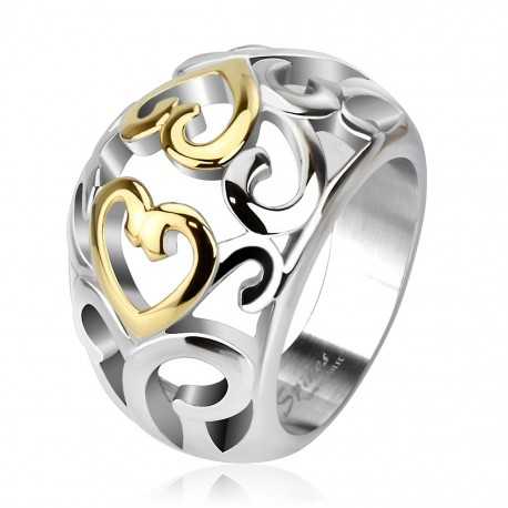Anillo de sello para mujer bicolor en corazón de acero dorado tallado en espiral