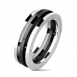 Anello 3 anelli da uomo in acciaio inossidabile e design meccanico con piastra nera