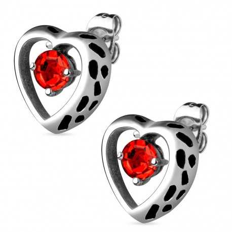 Paio di orecchini da donna a cuore gotico in acciaio con zirconi rossi