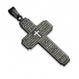 Pendentif pour homme acier noir croix prière notre père bible