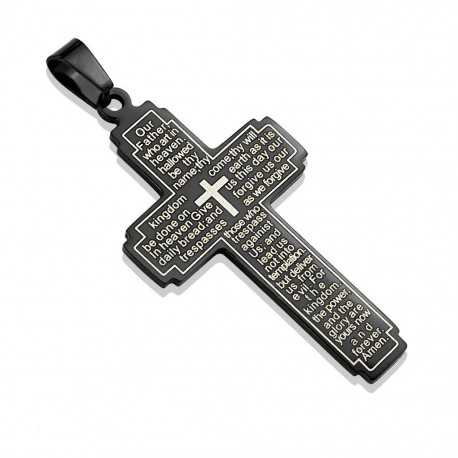 Pendant for men black steel cross prayer our father bible