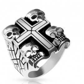Men's steel signet ring cross four skulls death head biker
