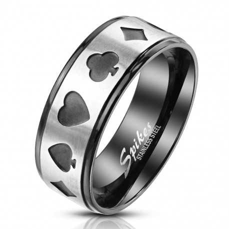 Bague anneau large pour homme acier laqué noir bandeau poker