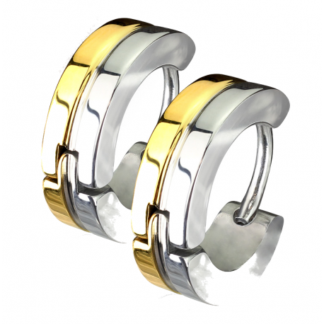 Pair of women's men's earrings with two-tone steel and gold band