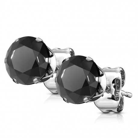 Pair of women's men's steel earrings with black round stone diameters