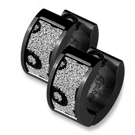 Par de pendientes de aro para mujer en acero negro con tinte arenado de leopardo