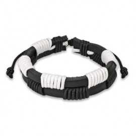 Bracelet for men and women, black and white braided leather, adjustable 19cm to 25cm