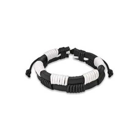 Bracelet for men and women, black and white braided leather, adjustable 19cm to 25cm