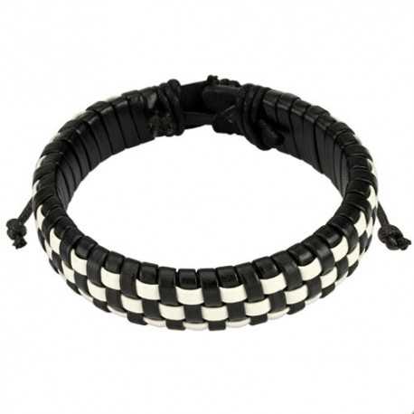Men's black and white checkered braided leather bracelet adjustable 19cm to 25cm