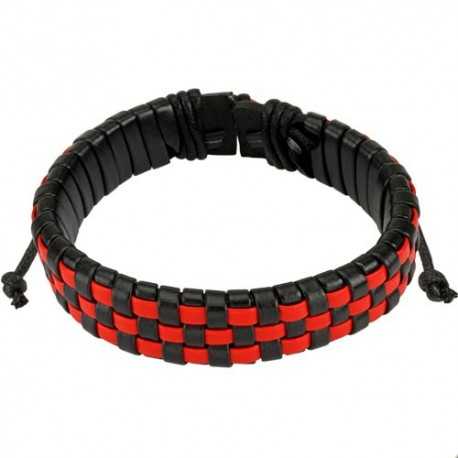 Men's red and black checkered braided leather bracelet adjustable 19cm to 25cm