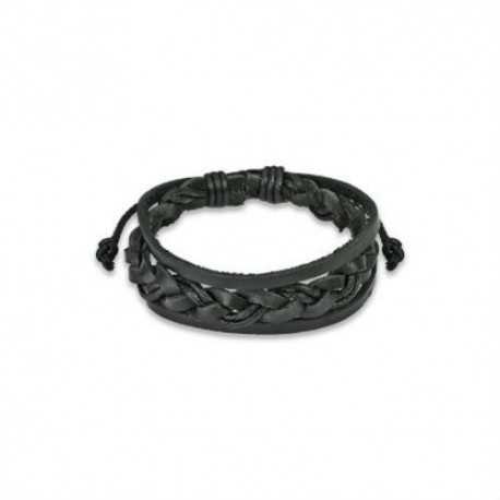 Men's bracelet in black braided leather double links adjustable 19cm to 25cm