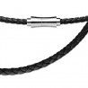 Men's necklace in braided black leather and 4mm magnetic steel clasp