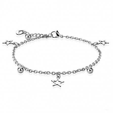 Ankle chain bracelet for women in steel, star and round charms