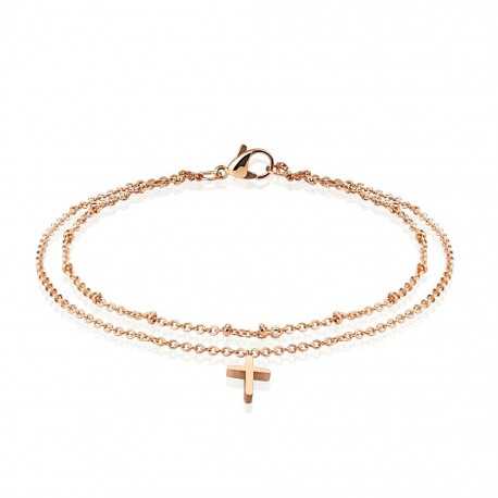 Women's double bracelet ankle chain, copper-plated steel, cross pendant