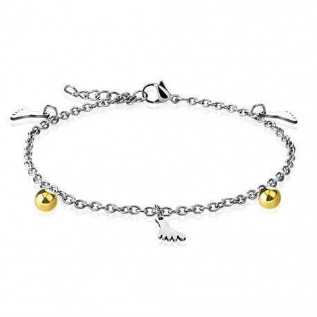 Ankle chain bracelet for women in steel with foot and ball charms