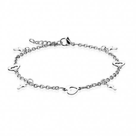 Bracciale da donna a catena in acciaio alla caviglia con charms cuore e croce