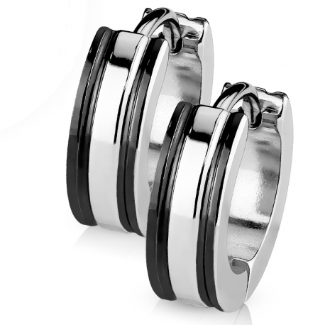 Par de pendientes de aro para hombre y mujer, bordes de acero, líneas negras