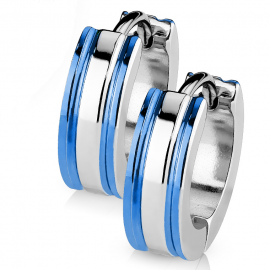 Paire boucles d'oreilles créoles homme femme acier bords lignes bleues