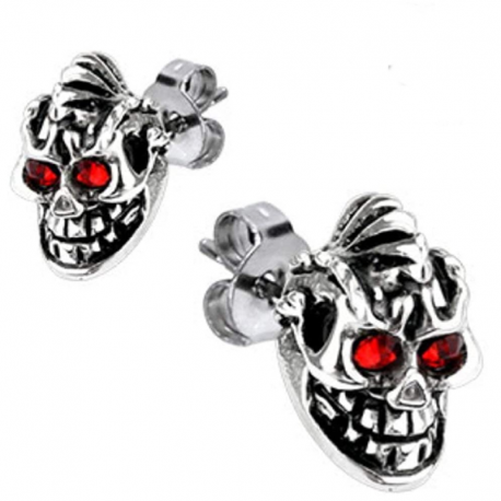 Pair of men's earrings in steel skull red eyes biker