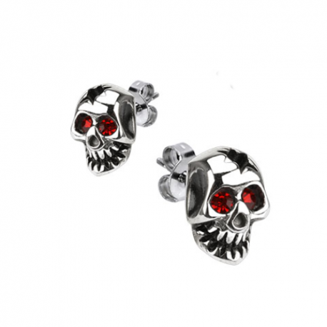 Men's steel earrings skull eyes red zircon biker