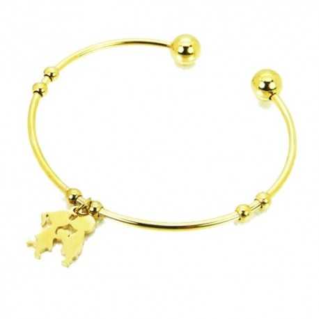 Women's adjustable open bangle bracelet in gold steel with lovers medal