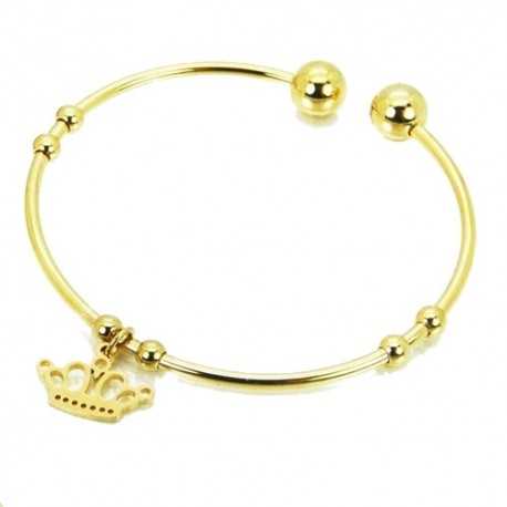 Pulsera abierta ajustable para mujer en acero bañado en oro con medalla de corona