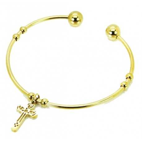 Women's adjustable open bangle bracelet in gold steel with Christian religious cross symbol 62mm