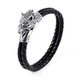 Men's bracelet in interwoven leather with stainless steel clasp, Viking wolf head