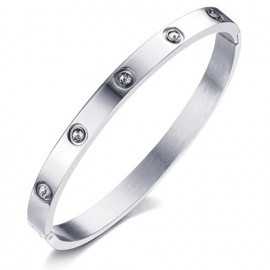 Women's bangle bracelet in silver stainless steel with rhinestones 64mm