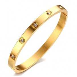 Women's closed bangle bracelet in gold stainless steel with rhinestones 64mm