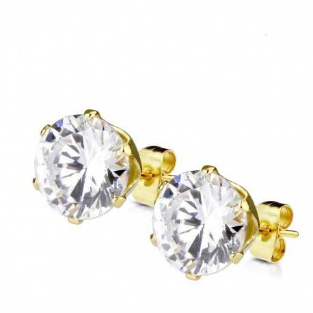 Earrings for women, men, stem and clasp, gold-plated steel and white round zircon