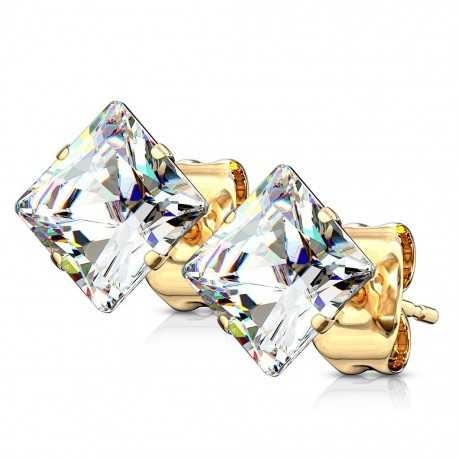 Earrings for men and women with white square stone and gold-plated clasp