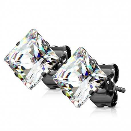 Earrings for men and women with black steel clasp and white square zircon